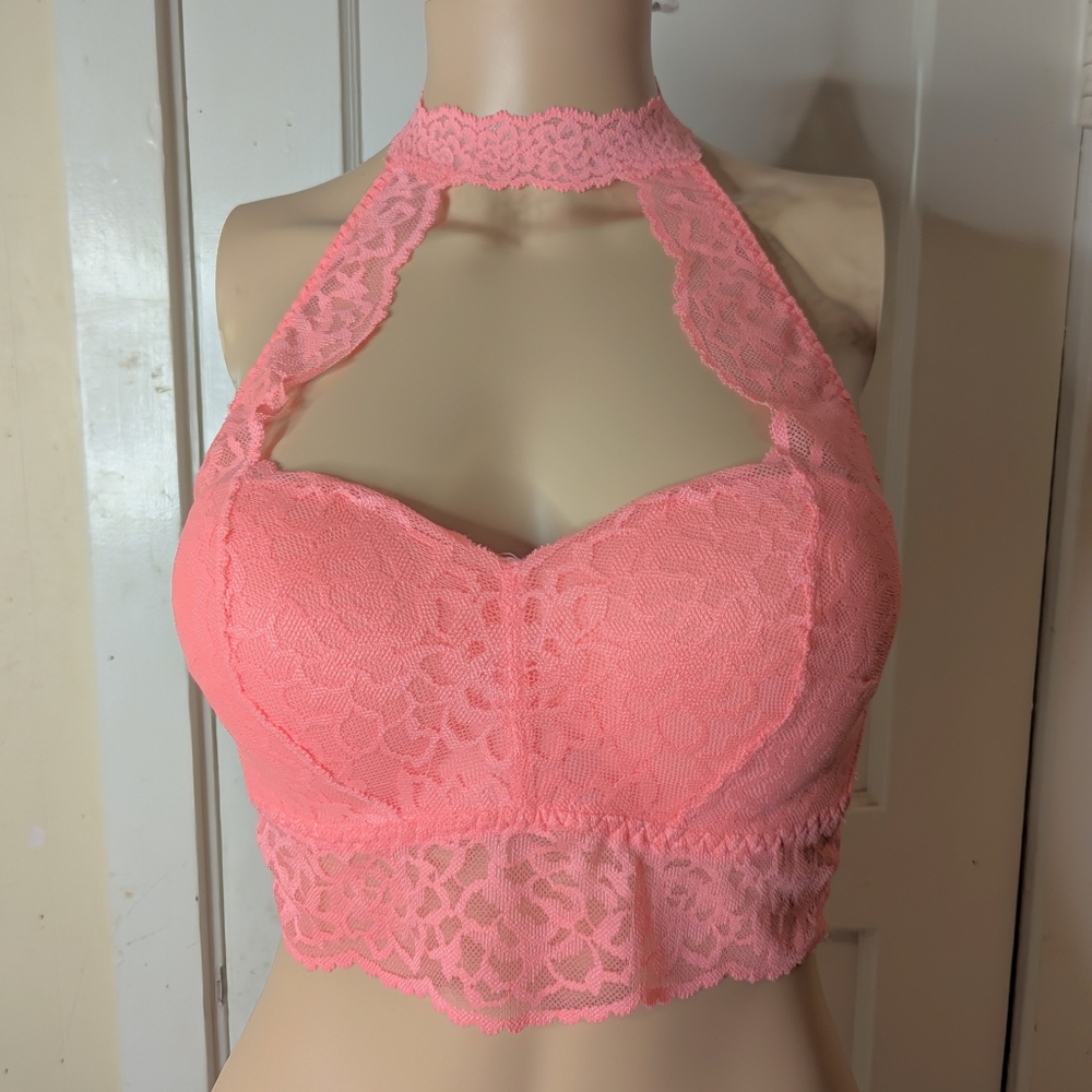 Victoria's Secret PINK Lace Push Up Choker Neck Bralette in Coral Size M